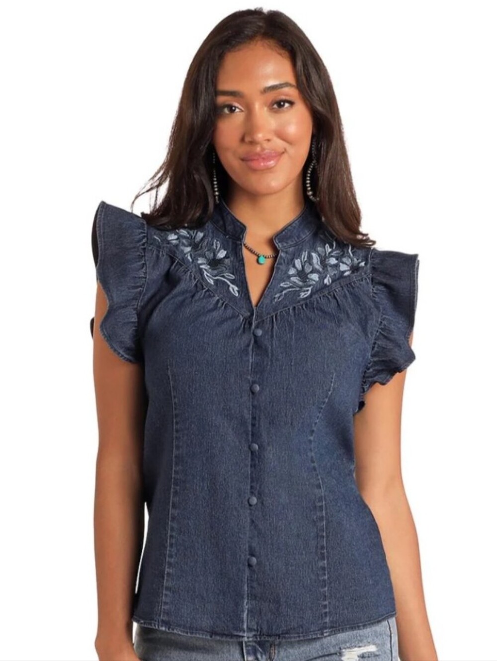 Panhandle Slim Denim Embroidered Flutter Sleeve Top - Navy